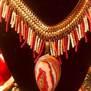 Gold Multicolored Beaded Necklace, surrounded in 925 Mexican Laguna Lace Pendant